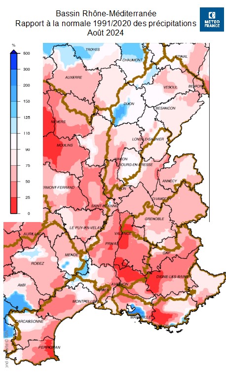 Rapport à la normale précipitations août 2024