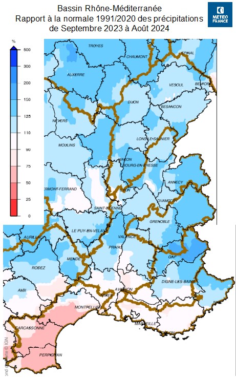 Rapport à la normale précipitations sept 2023-août 2024