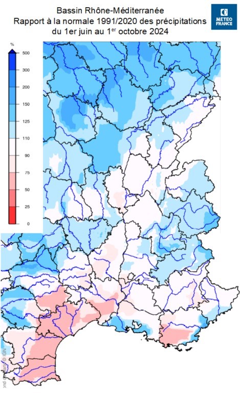 Rapport à la normale des précipitations du 1er juin au 1er octobre 2024