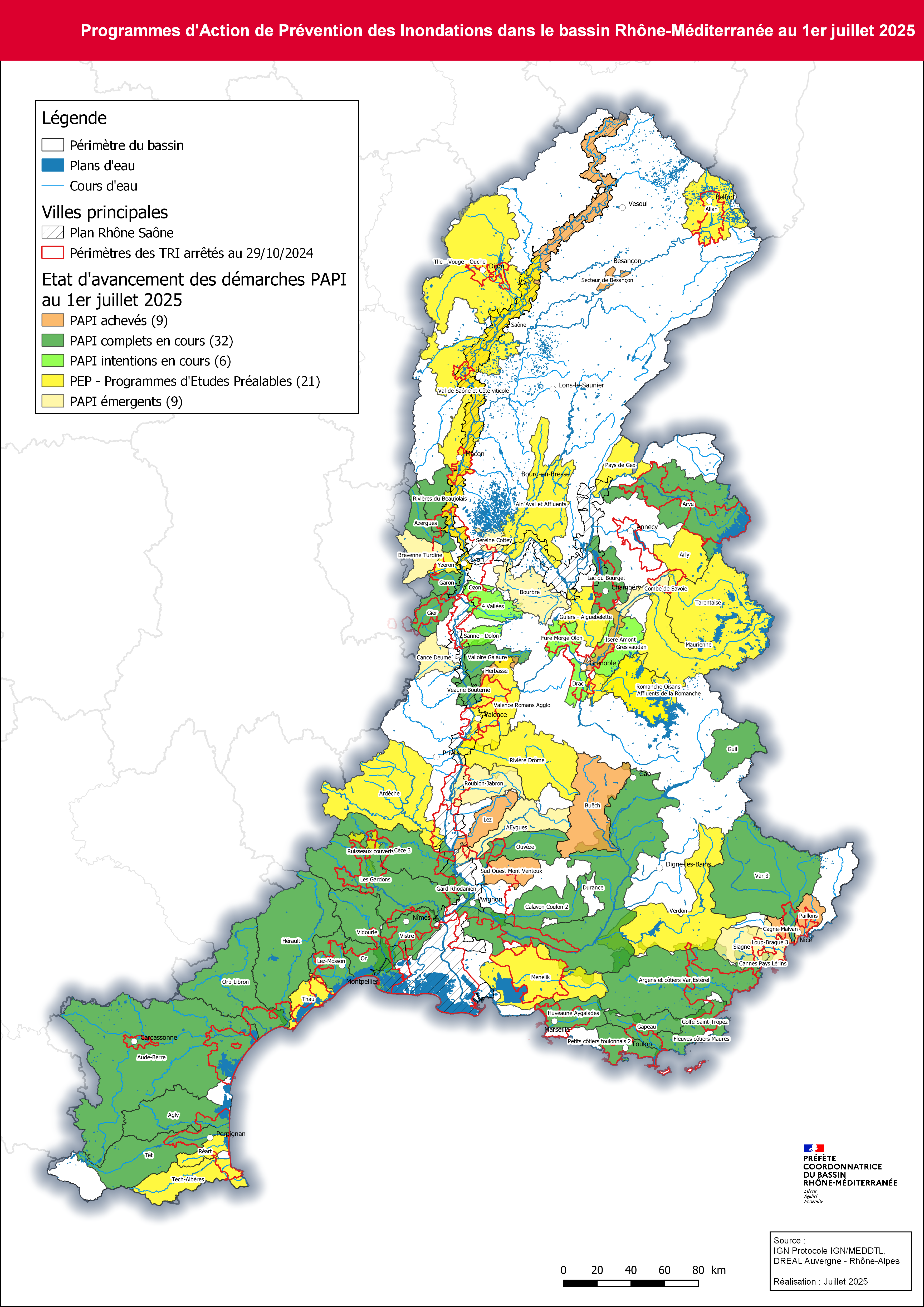 Carte des PAPI du Bassin Rhône-Méditerranée au 1er juillet 2025