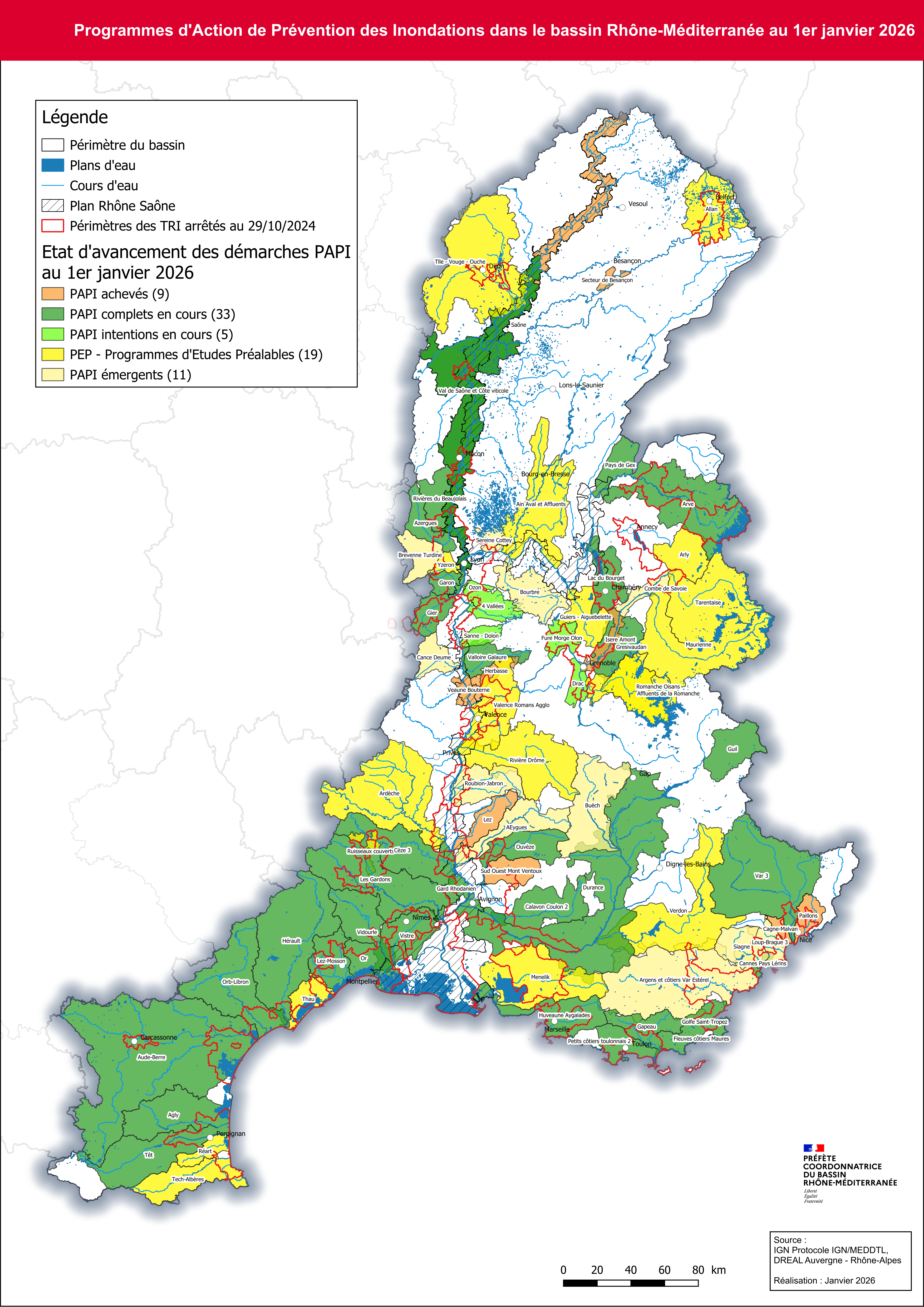 Carte des PAPI du Bassin Rhône-Méditerranée au 1er janvier 2026