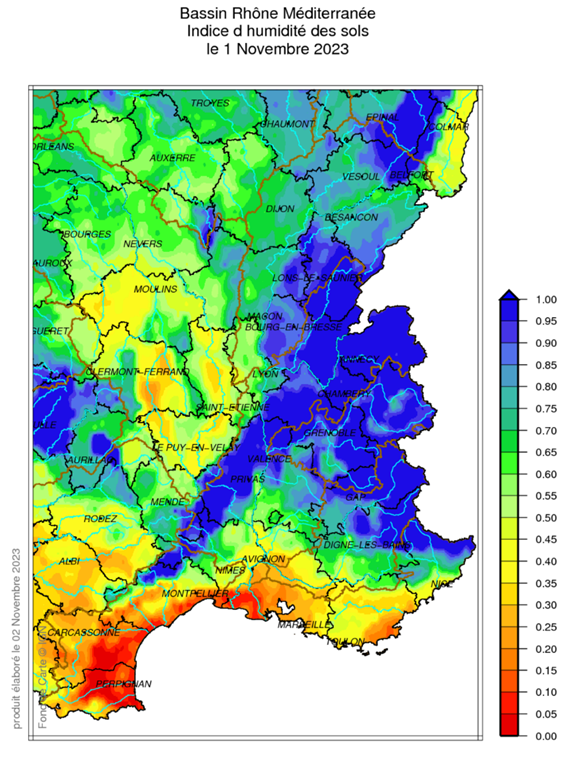 Indice d'humidité des sols 1er novembre 2023