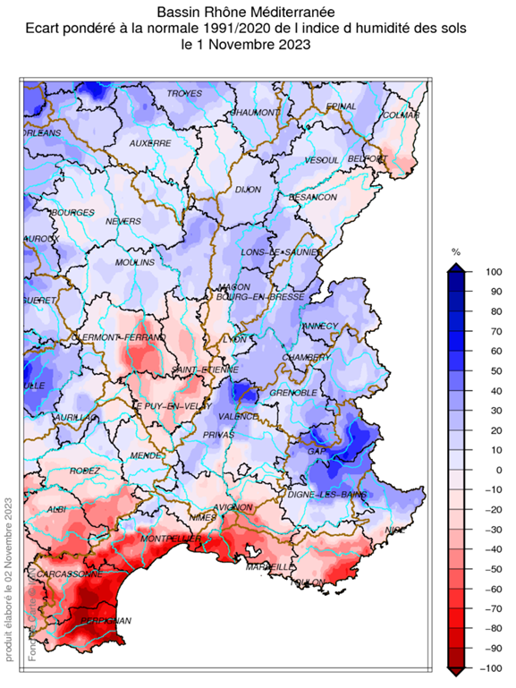 Ecart pondéré à la normale de l'indice d'humidité des sols 1er novembre 2023