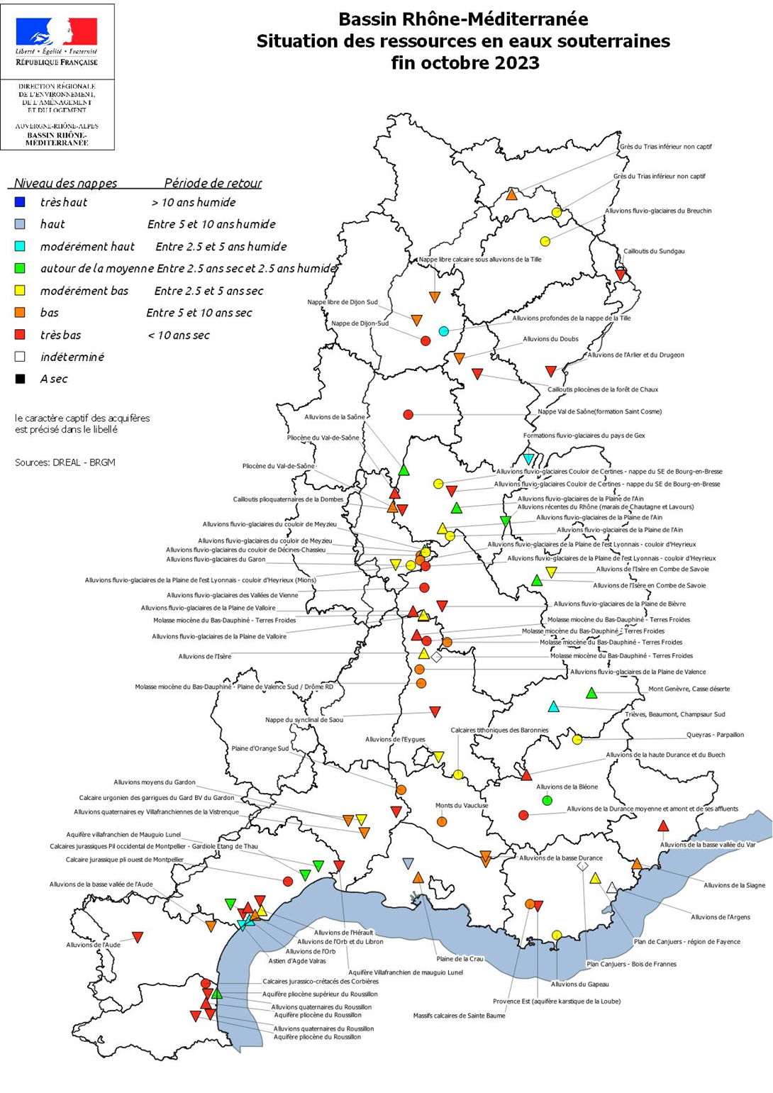 Situation des ressources en eaux souterraines fin octobre 2023