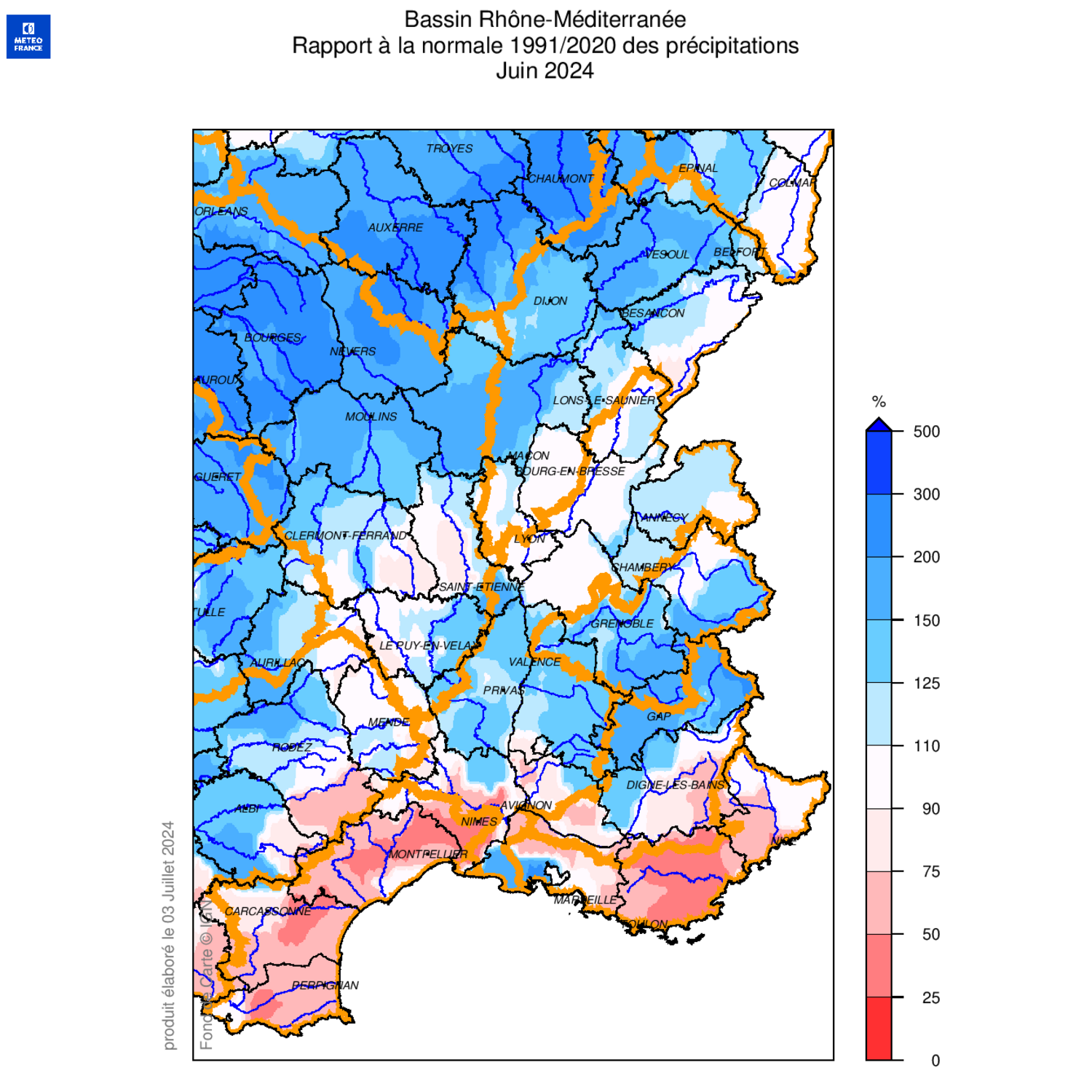 Rapport à la normale 1991/2020 des précipitations Juin 2024