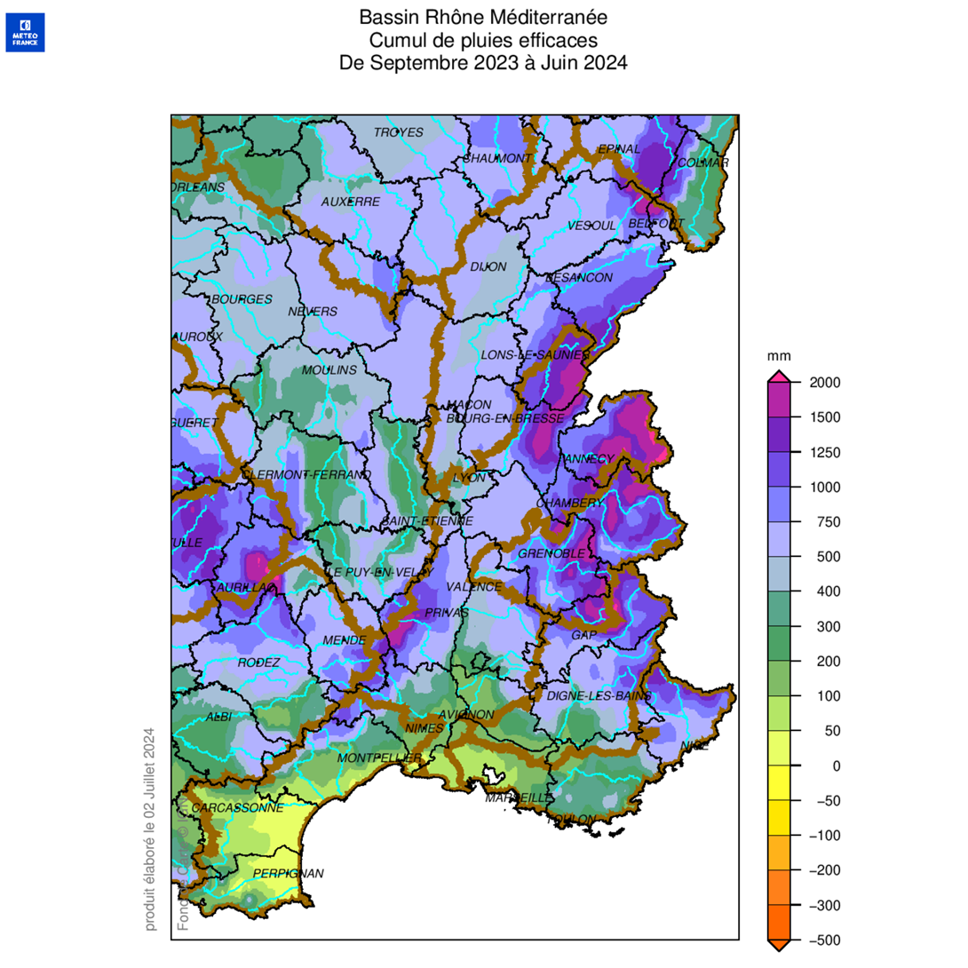 Cumul de pluies efficaces de septembre 2023 à juin 2024