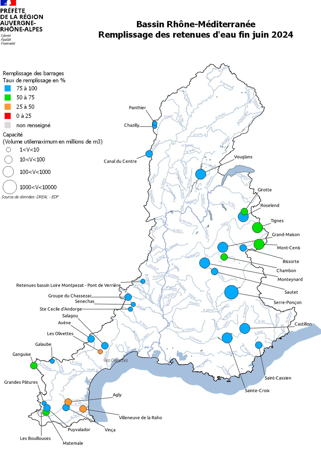 Remplissage des retenues d'eau fin juin 2024