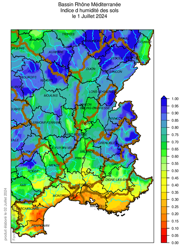 Indice d'humidité des sols 1er juillet 2024