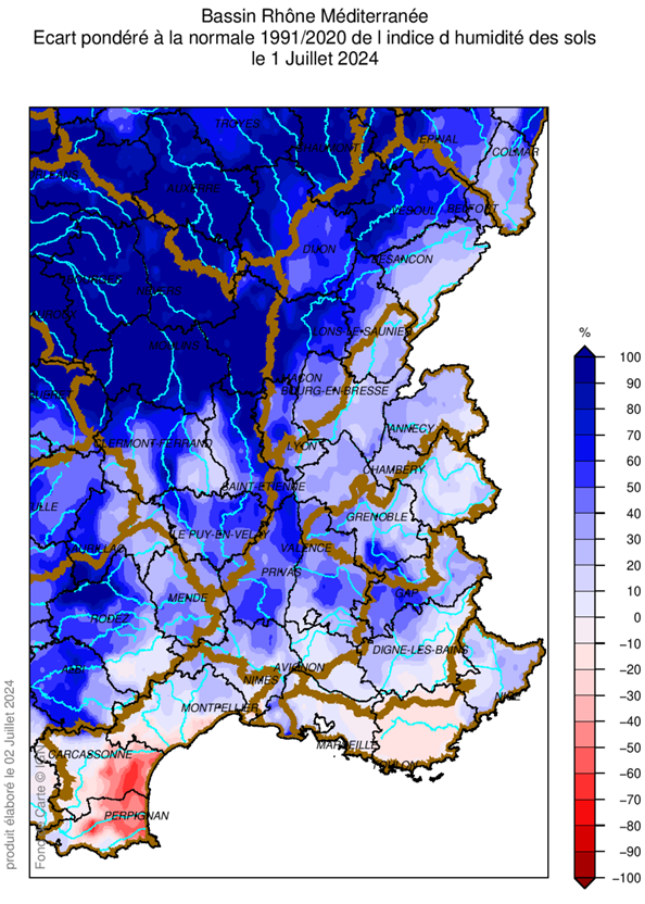 Ecart pondéré à la normale 1991/2020 de l'indice d'humidité des sols 1er juillet 2024