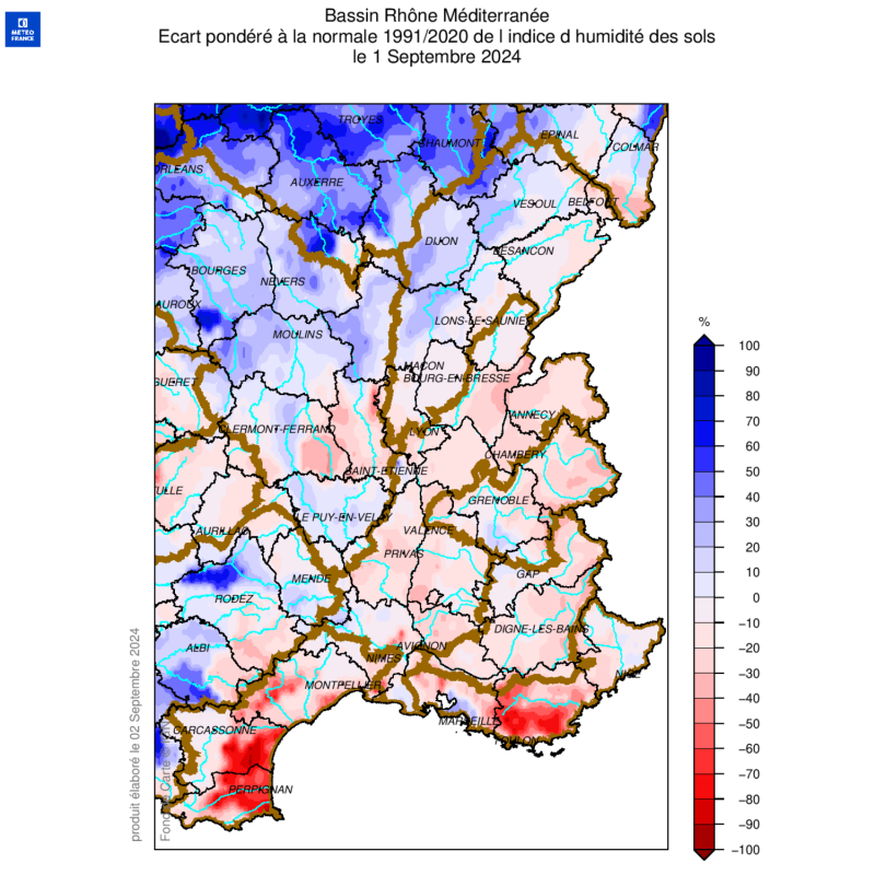 Ecart à la normale indice humidité des sols 1er septembre 2024