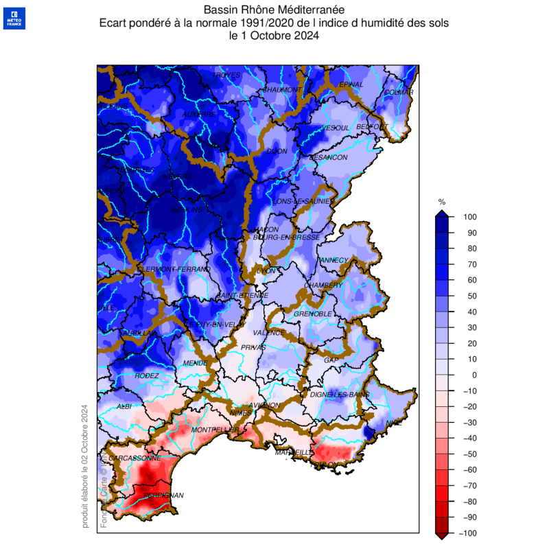 Ecart à la normale indice d'humidité des sols 1er octobre 2024