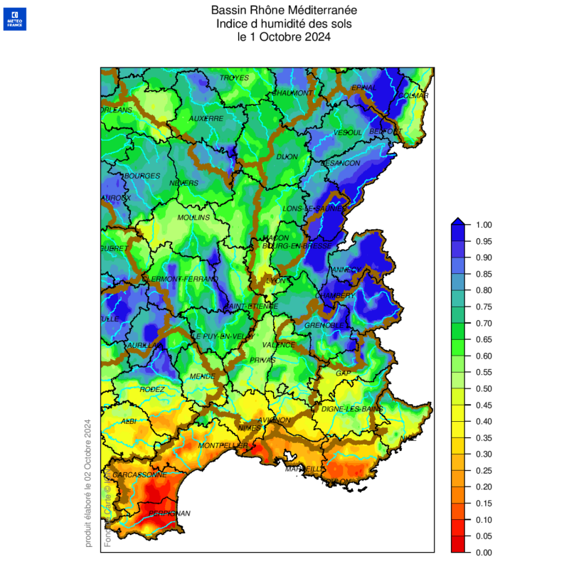 Indice d'humidité des sols 1er octobre 2024